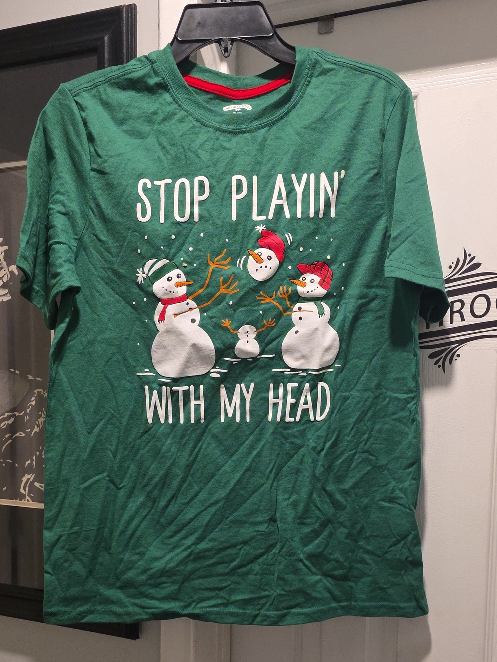 Holiday Time Green Snowman Graphic Tee with Red Accents